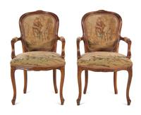 A Pair of Louis XV Style Tapestry Upholstered Fauteuils