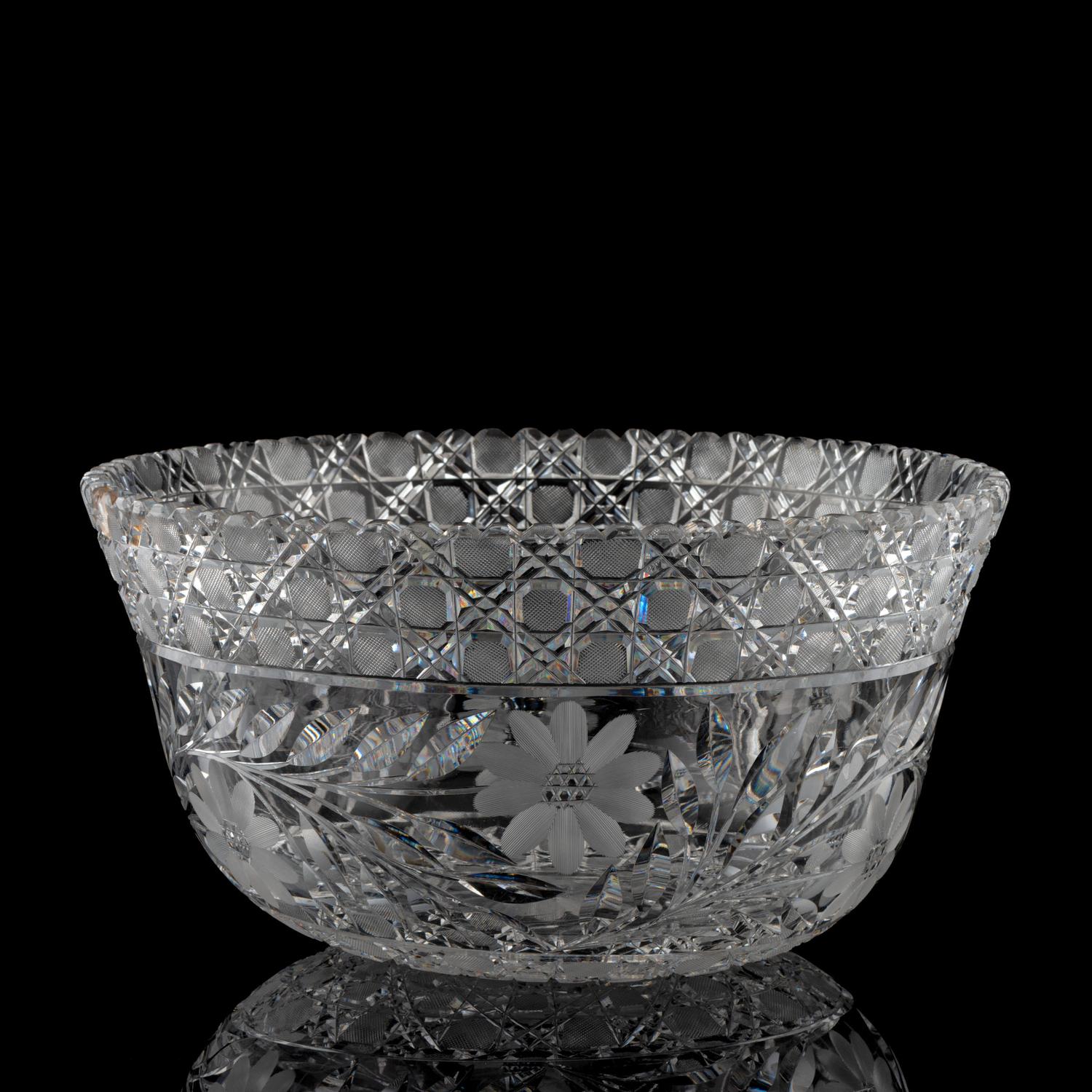 A Floral-Period Cut Glass Punch Bowl with Daisies or Sunflowers