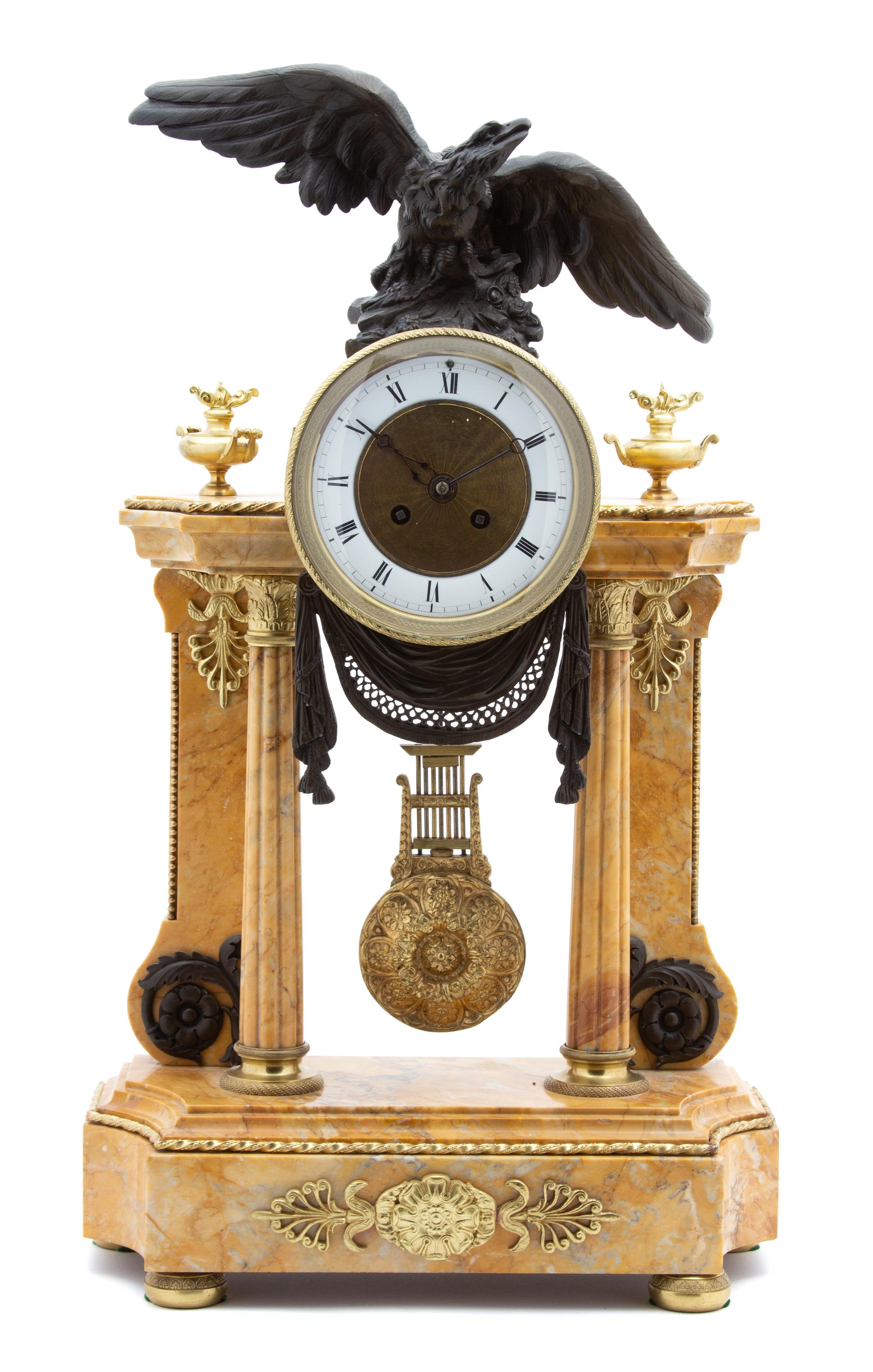 A Louis XVI Style Parcel-Gilt, Patinated Bronze and Marble Portico Clock — EARLY 20TH CENTURY