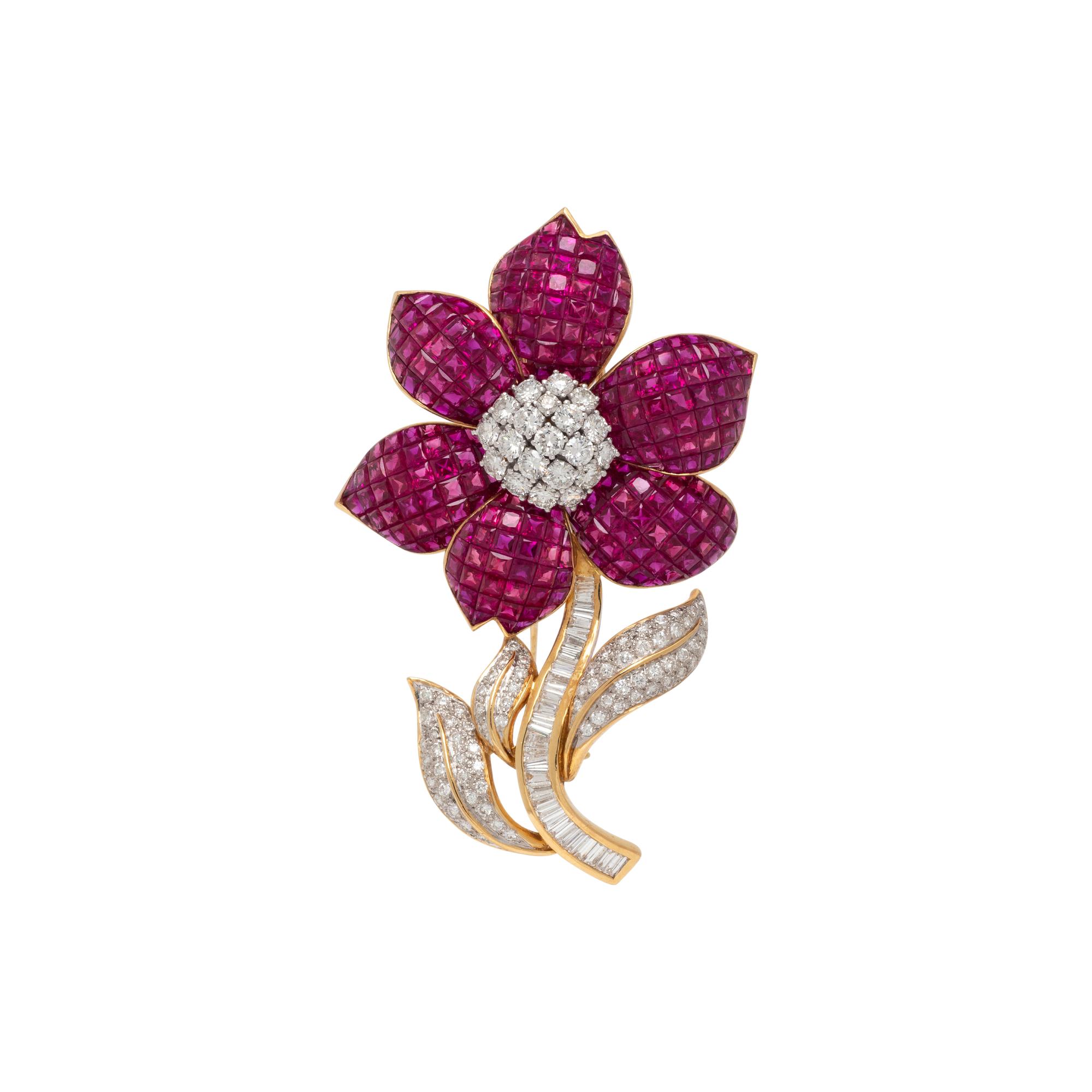 RUBY AND DIAMOND FLOWER BROOCH