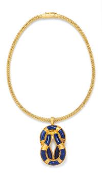An 18 Karat Yellow Gold and Sodalite 'Hercules Knot' Pendant and Chain, Ilias Lalaounis, Circa 1970's, 41.30 dwts.