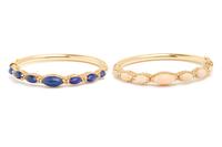 PAIR OF YELLOW GOLD AND GEMSTONE BANGLE BRACELETS