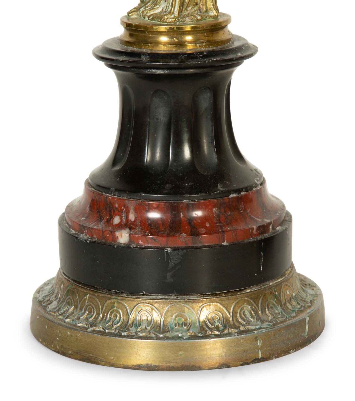 A Pair of French Gilt Bronze and Marble Six-Light Candelabra