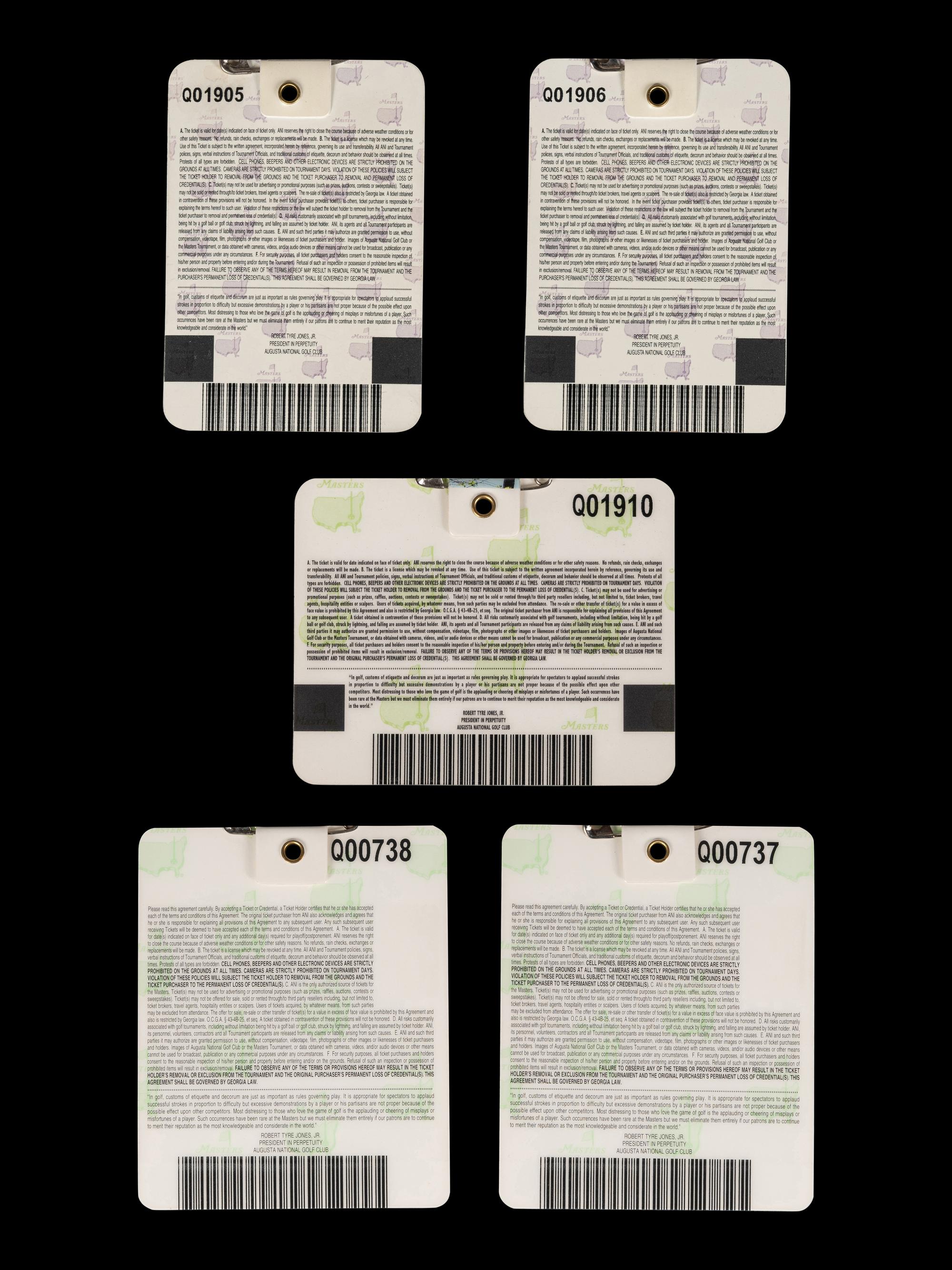 A Group of Five Phil Mickelson Augusta National Masters Championship Badges,