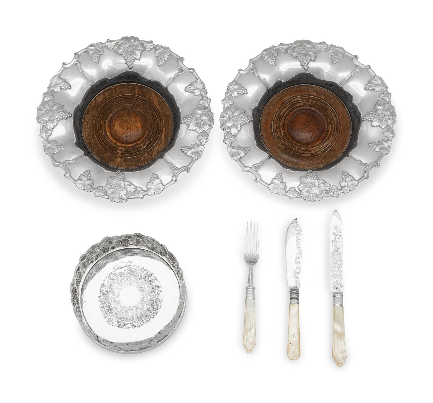 A Mother-Of-Pearl Handled Silver Fish Set and Three Sheffield Wine Coasters