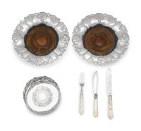 A Mother-Of-Pearl Handled Silver Fish Set and Three Sheffield Wine Coasters