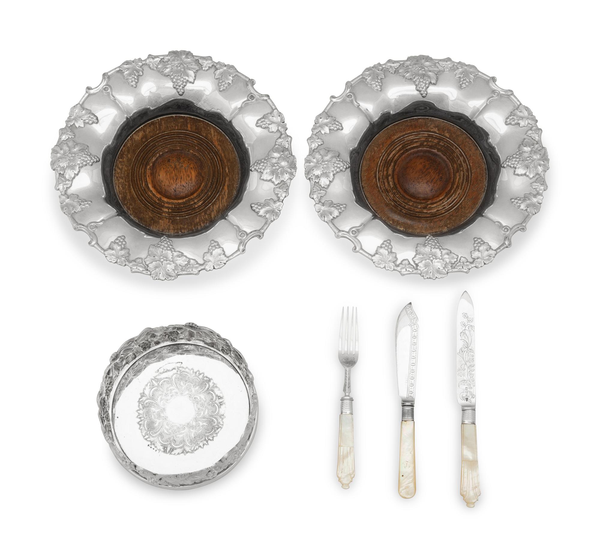 A Mother-Of-Pearl Handled Silver Fish Set and Three Sheffield Wine Coasters