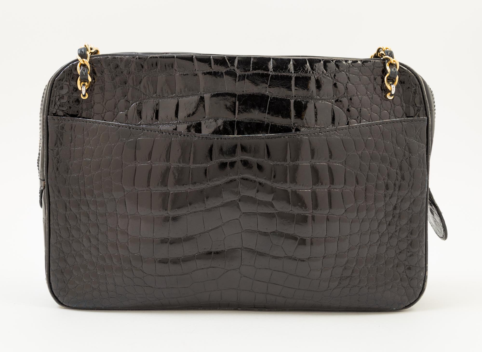 A Chanel Black Crocodile Handbag, 11.5" x 8" x 2.5"; Strap drop: 16".
