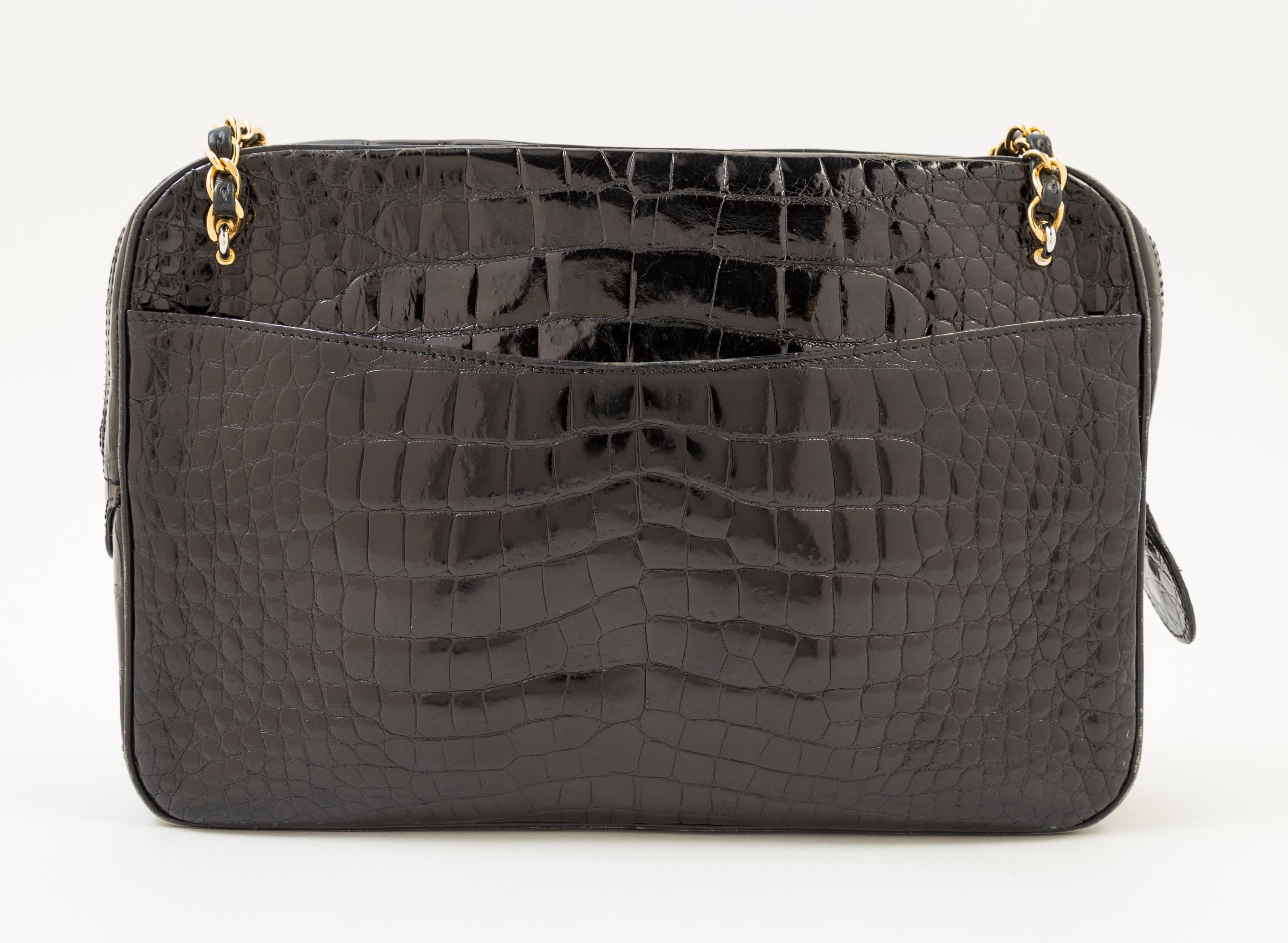 A Chanel Black Crocodile Handbag, 11.5" x 8" x 2.5"; Strap drop: 16".