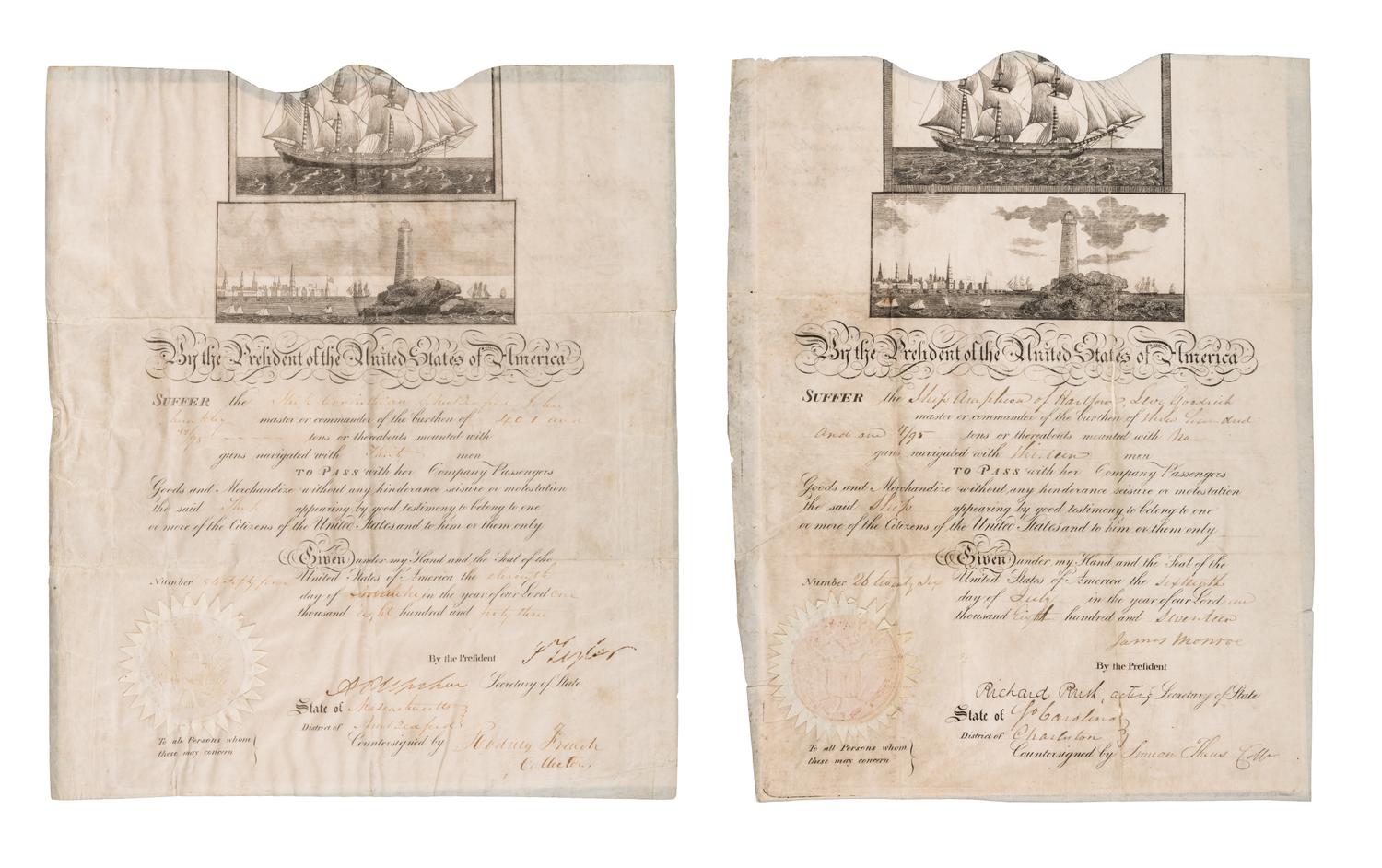 [SHIP’S PASSPORTS]. MONROE, James (1758-1831), Fifth U.S. President. Partially engraved document accomplished in manuscript, signed (“James Monroe"), as President and "Richard Rush" as acting Secretary of State, countersigned by "simon Theus Coll."[Washington], 16 July 1817.