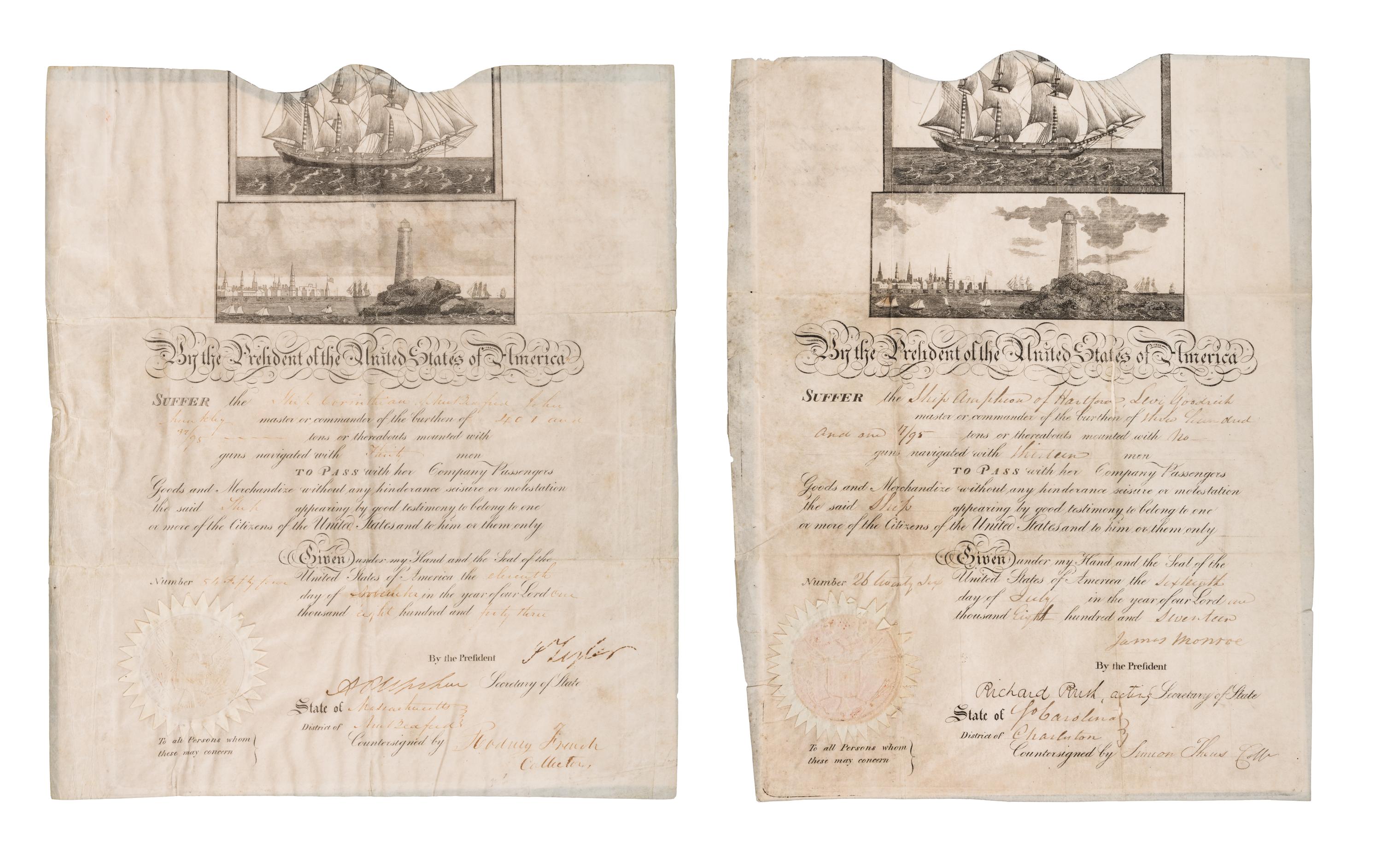 [SHIP’S PASSPORTS]. MONROE, James (1758-1831), Fifth U.S. President. Partially engraved document accomplished in manuscript, signed (“James Monroe"), as President and "Richard Rush" as acting Secretary of State, countersigned by "simon Theus Coll."[Washington], 16 July 1817.