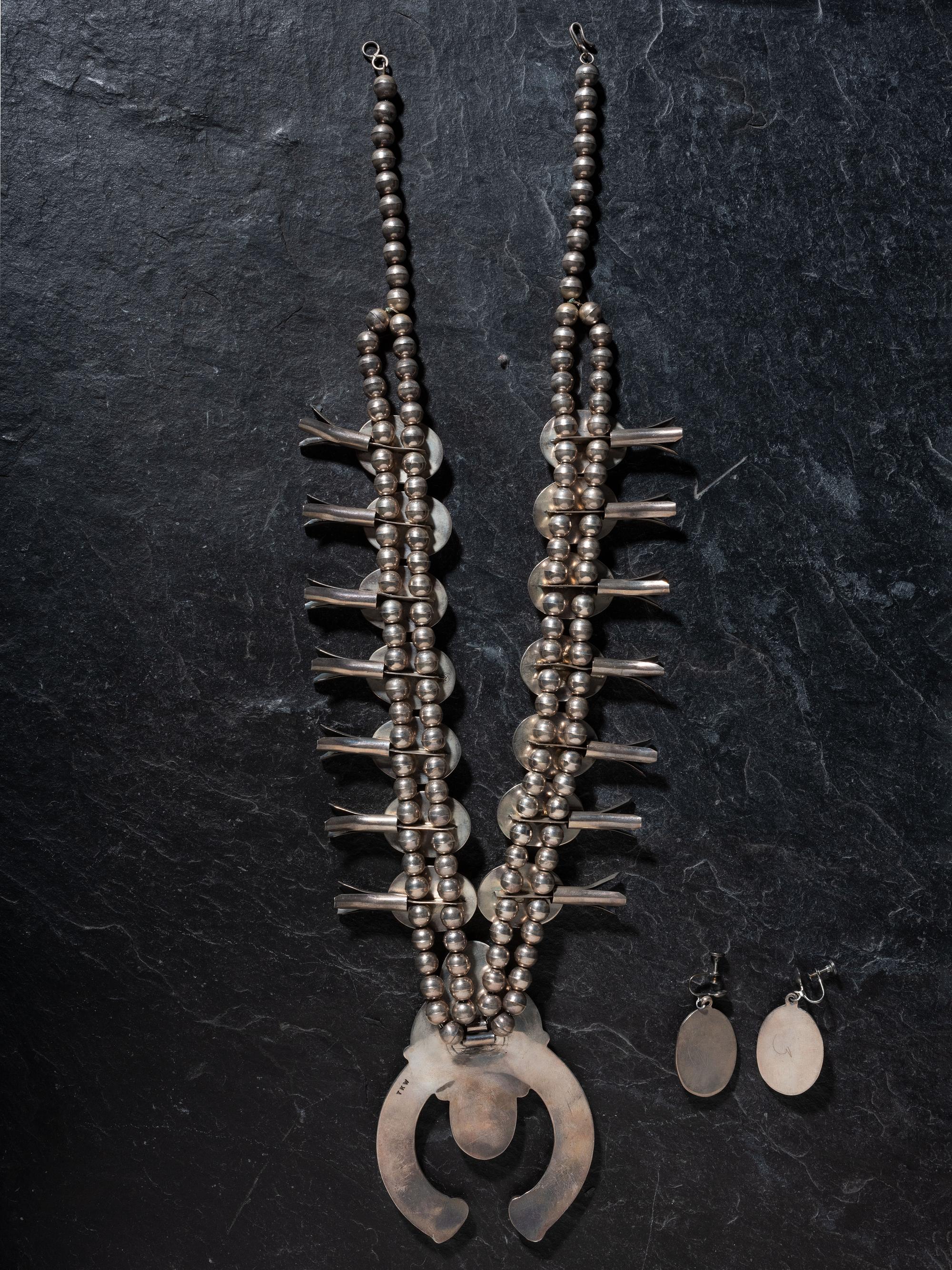 Navajo Silver and Coral Squash Blossom Necklace and Earring Set