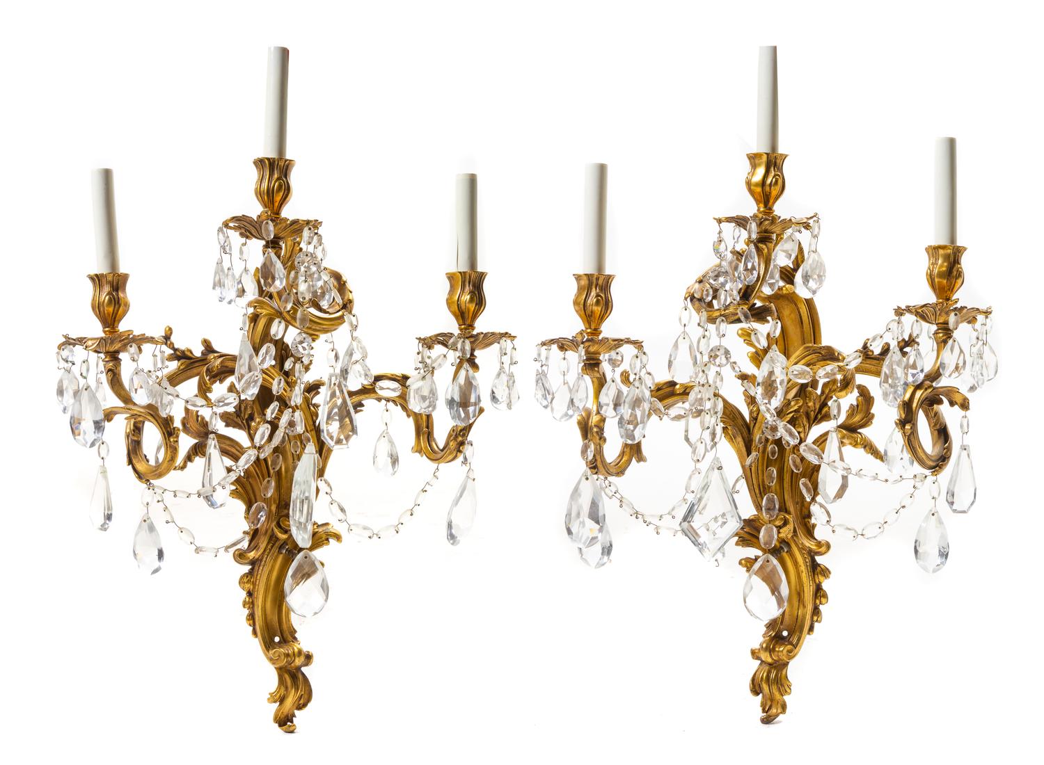 A Pair of Louis XV Style Gilt Bronze Sconces Height 28 inches. — EARLY 20TH CENTURY