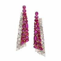 Ruby, Diamond, and Bicolor Gold Drop Earrings