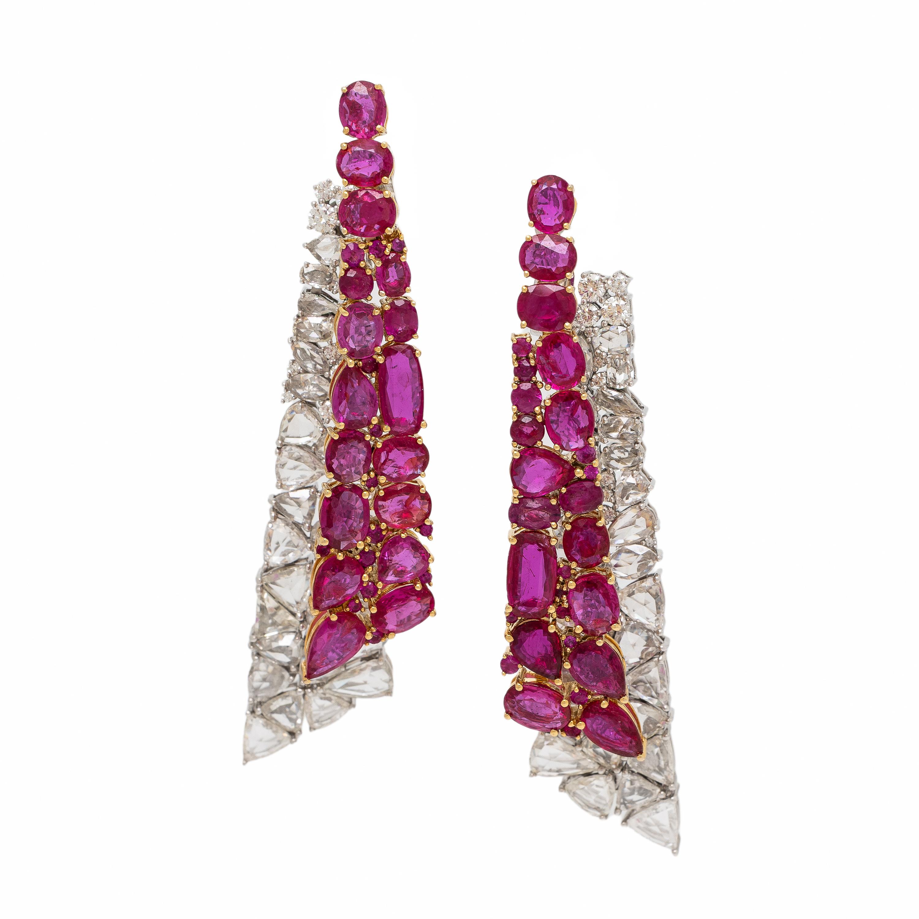 Ruby, Diamond, and Bicolor Gold Drop Earrings
