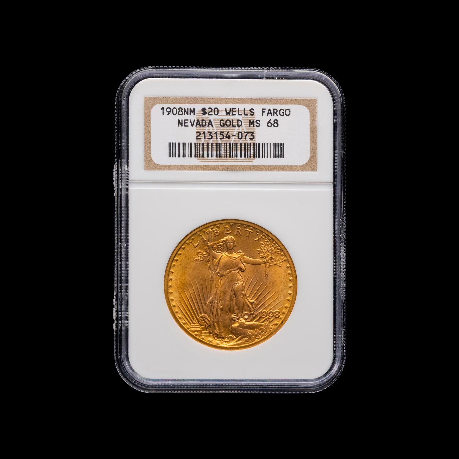 A 1908 Saint Gaudens: No Motto $20 Gold Coin [NGC MS68]
