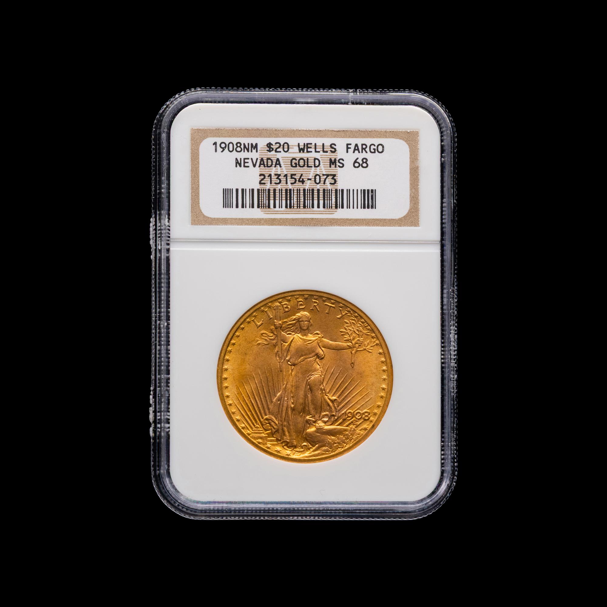 A 1908 Saint Gaudens: No Motto $20 Gold Coin [NGC MS68]