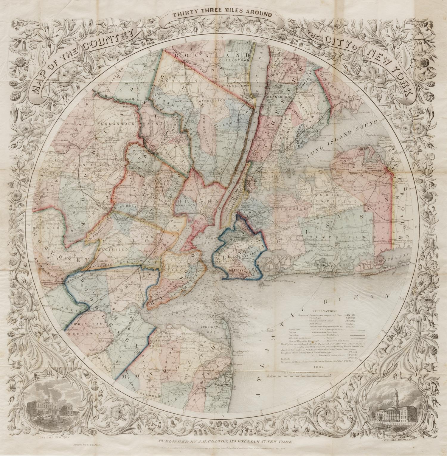 COLTON, George Woolworth (1827-1901). Map of the Country Thirty Three Miles Around the City of New York . New York: J. H. Colton, 1846 [i.e., 1865].