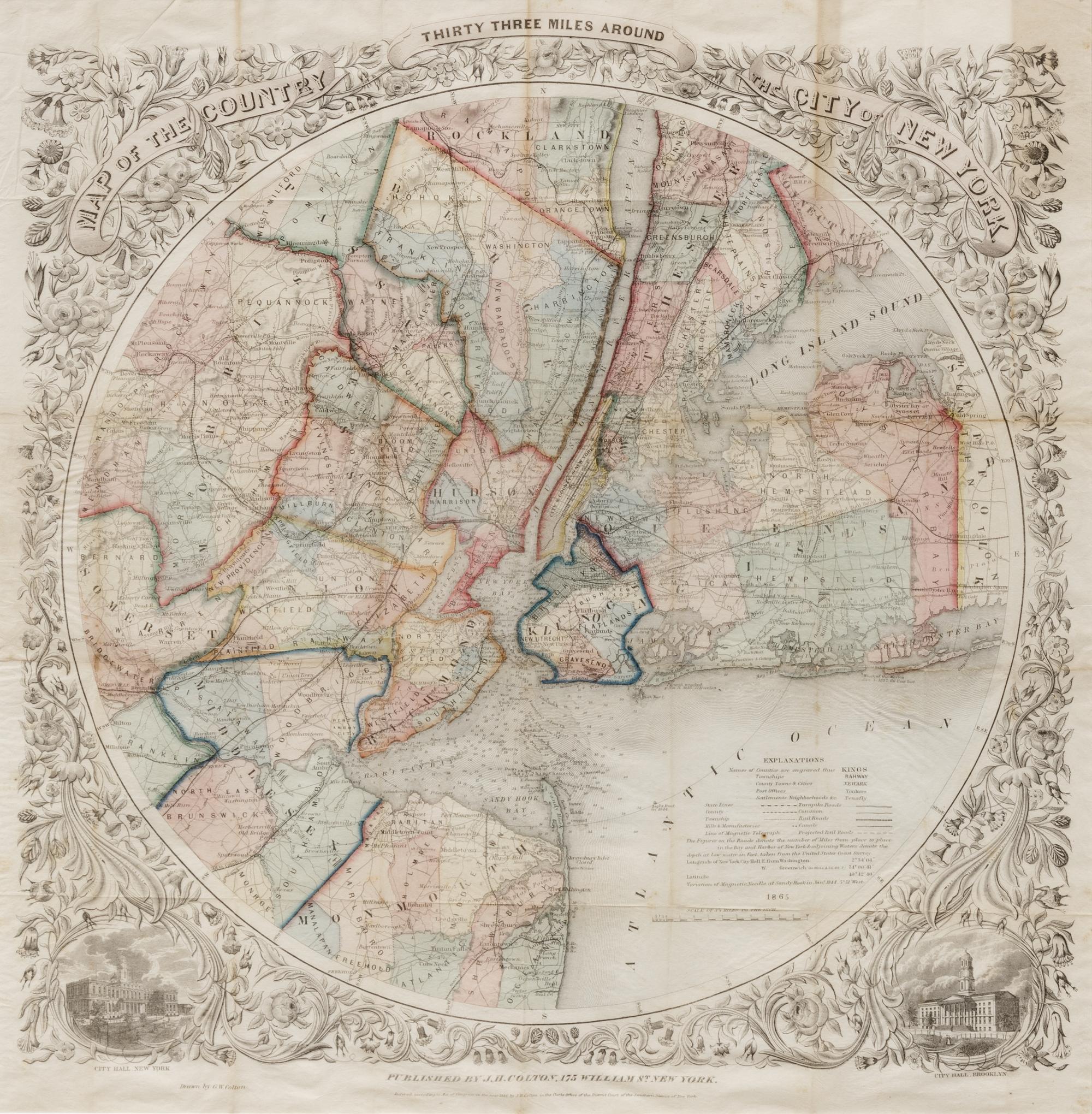 COLTON, George Woolworth (1827-1901). Map of the Country Thirty Three Miles Around the City of New York . New York: J. H. Colton, 1846 [i.e., 1865].