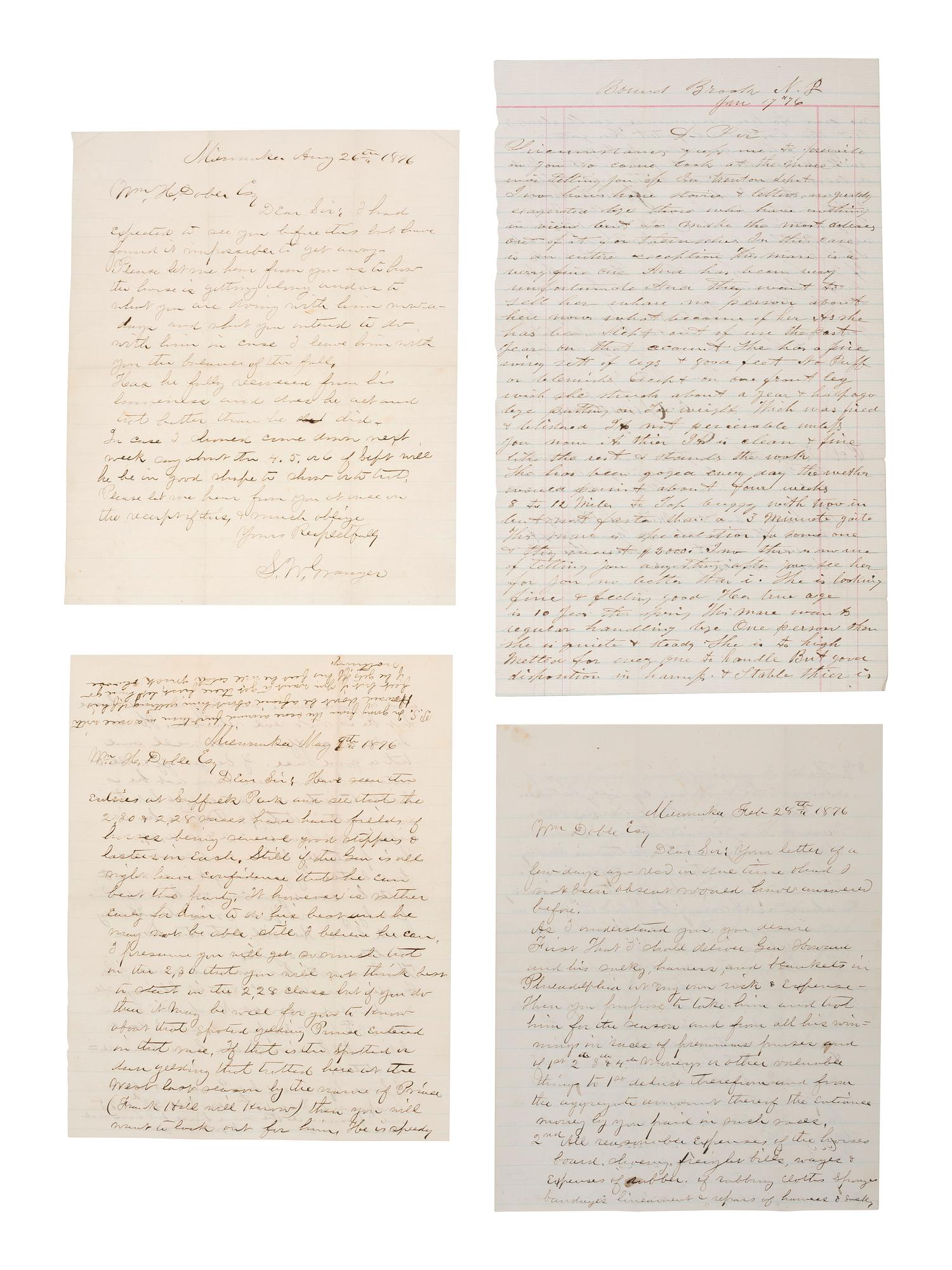 [AMERICANA - HORSE RACING]. Manuscript archive identified to world-renowned trainer and jocky William H. Doble (ca 1814-1896). January-August, 1876.