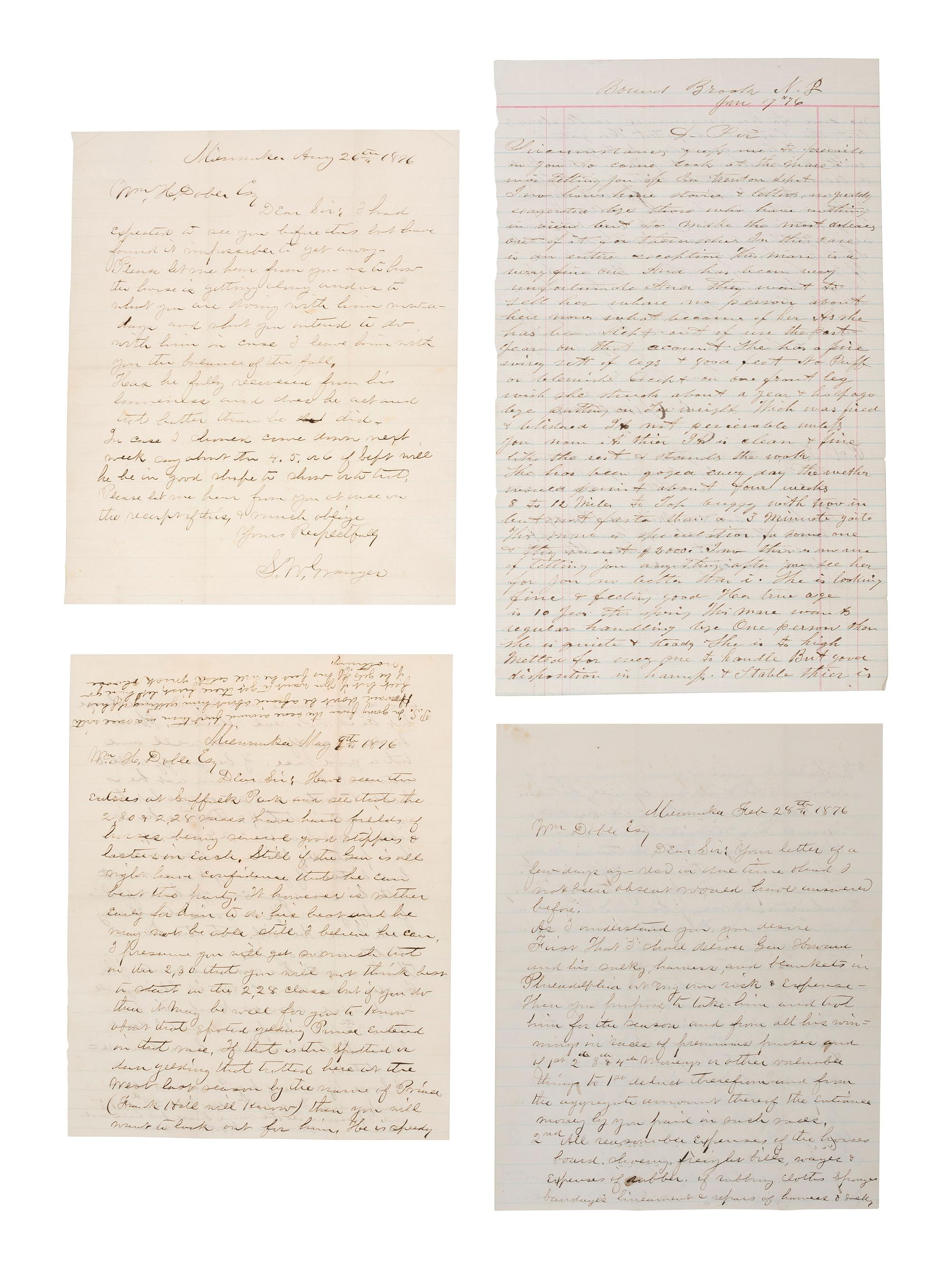 [AMERICANA - HORSE RACING]. Manuscript archive identified to world-renowned trainer and jocky William H. Doble (ca 1814-1896). January-August, 1876.