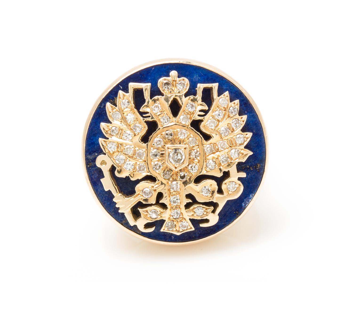 An 18 Karat Yellow Gold, Diamond and Lapis Lazuli Russian Crest Ring, 17.60 dwts.