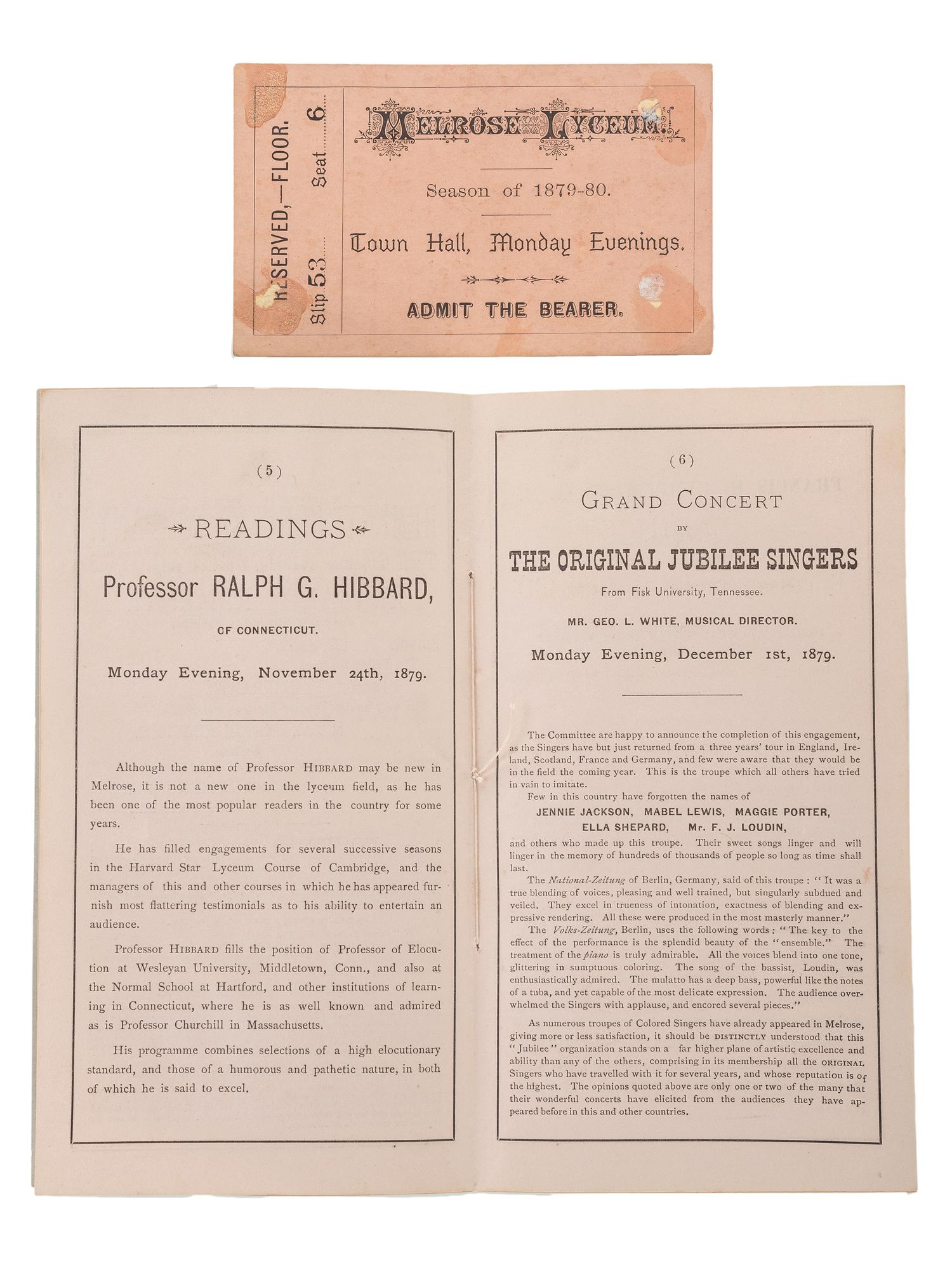 [MUSIC]. A group of tickets, handbills, and programs from the Fisk Jubilee Singers, comprising: