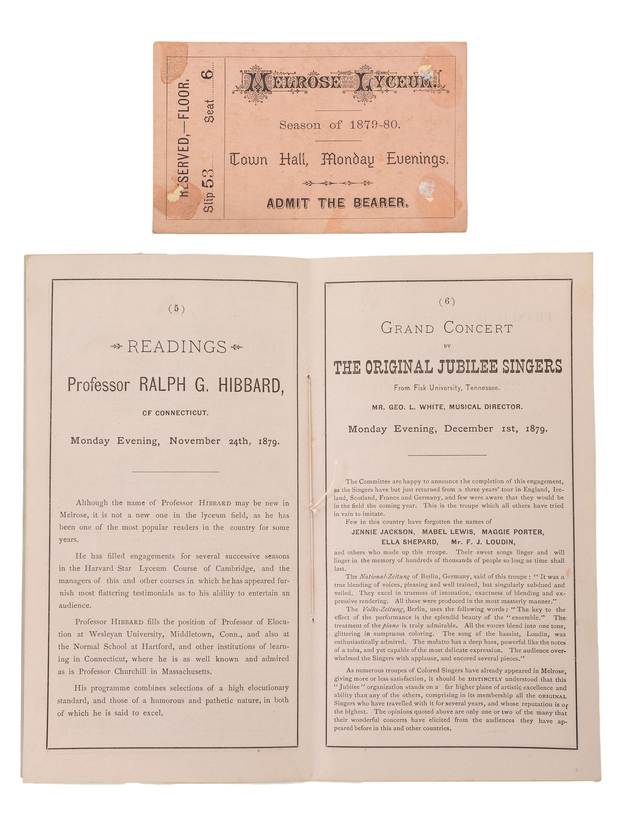 [MUSIC]. A group of tickets, handbills, and programs from the Fisk Jubilee Singers, comprising: