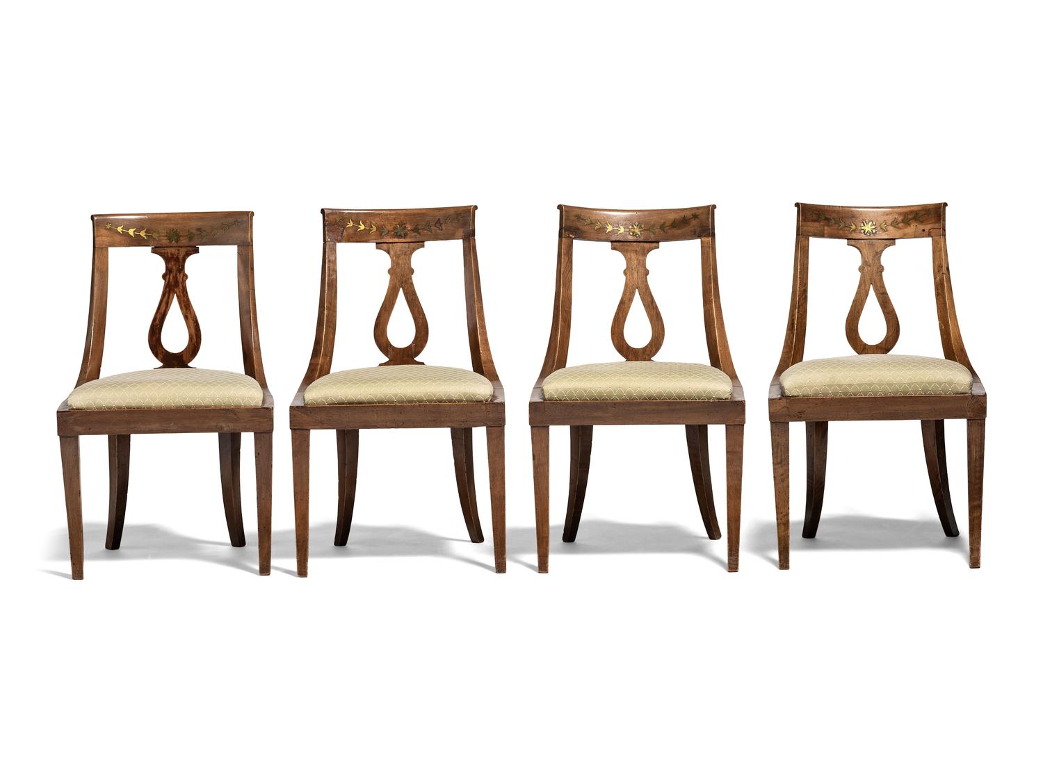 Four Brass Inlaid Walnut Gondola Chairs