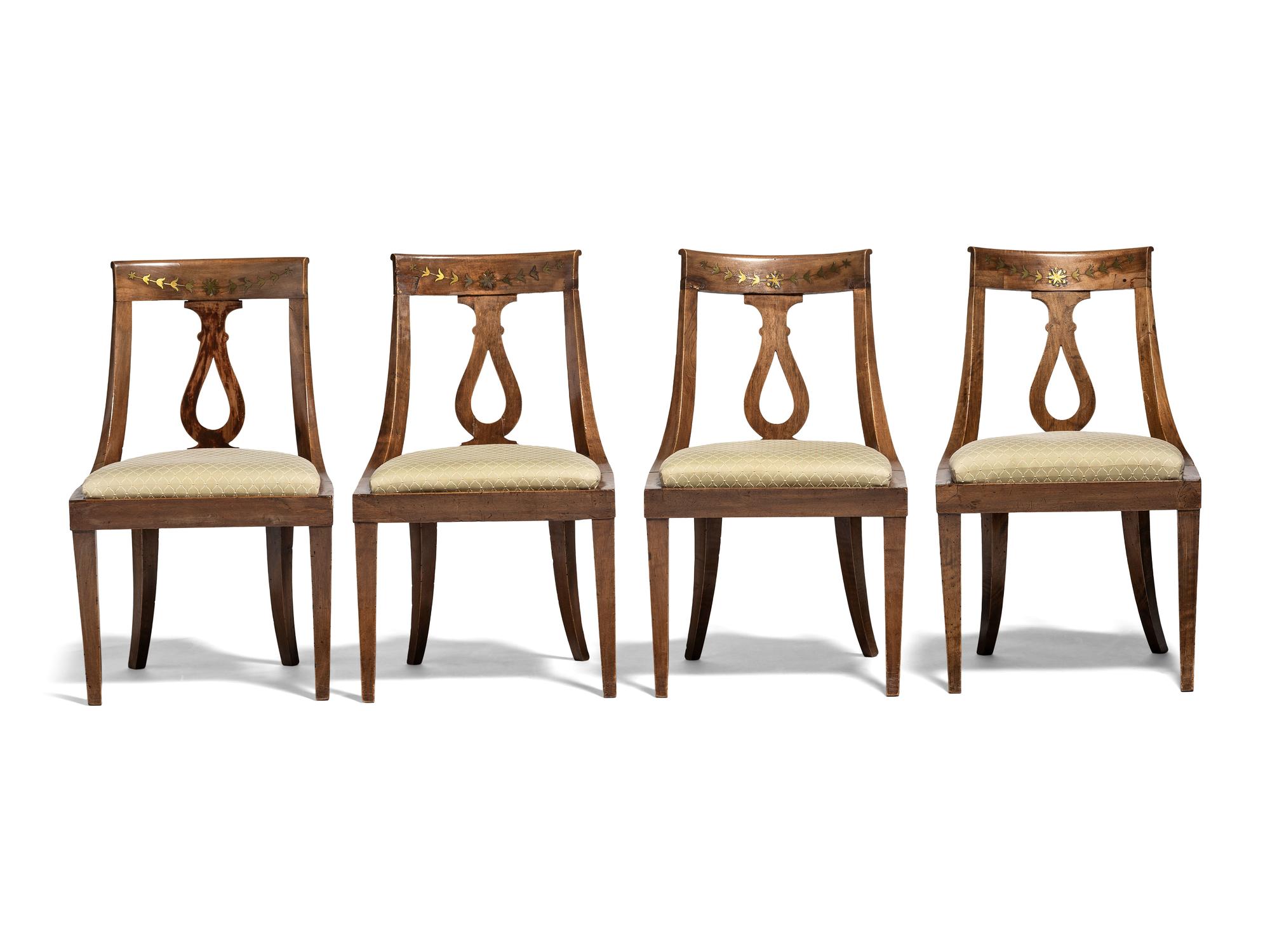 Four Brass Inlaid Walnut Gondola Chairs