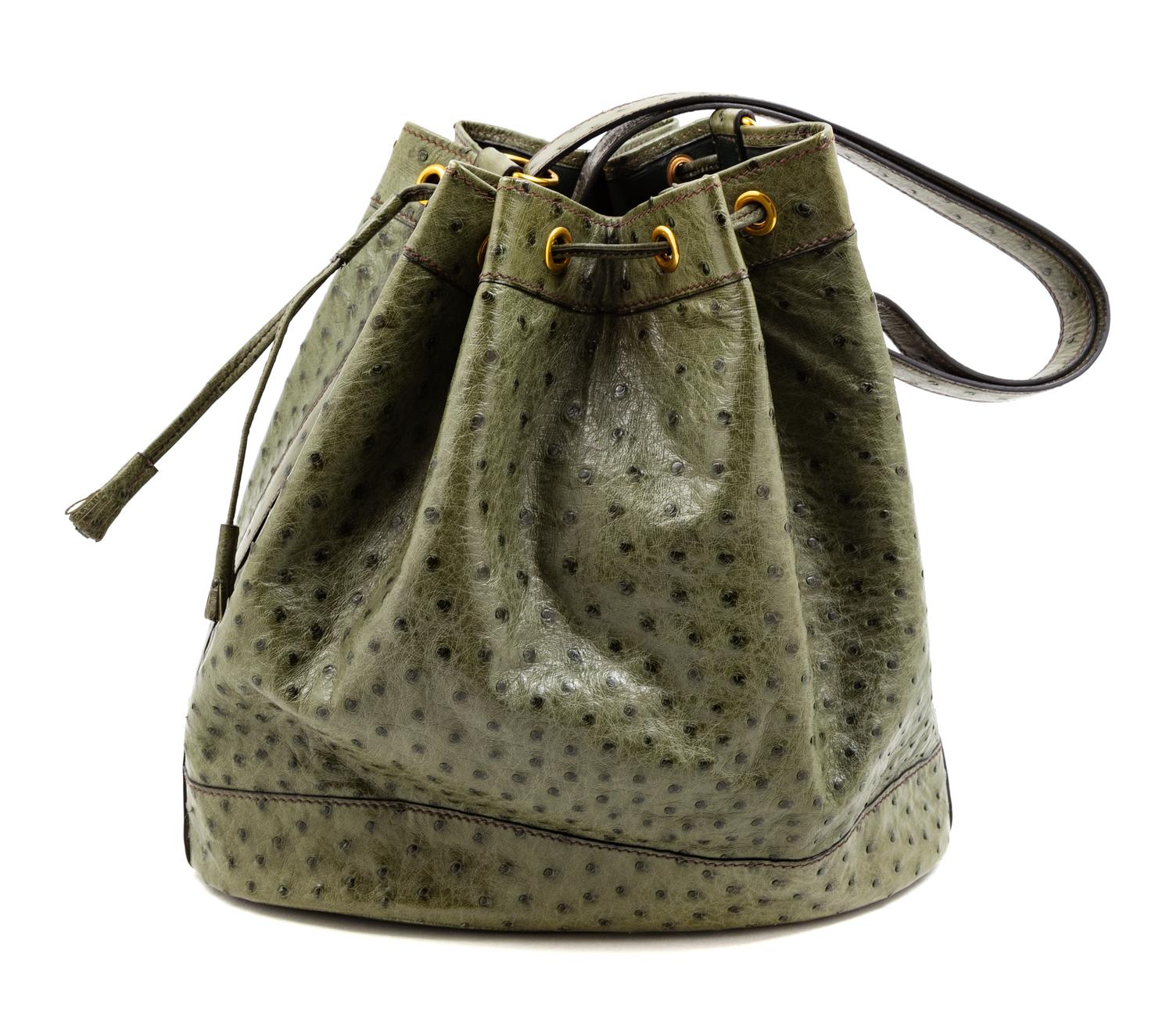 An Hermès Green Ostrich Vintage Bucket Bag, 11" H x 10.5" W x 4.5" D; Strap drop: 8.5".