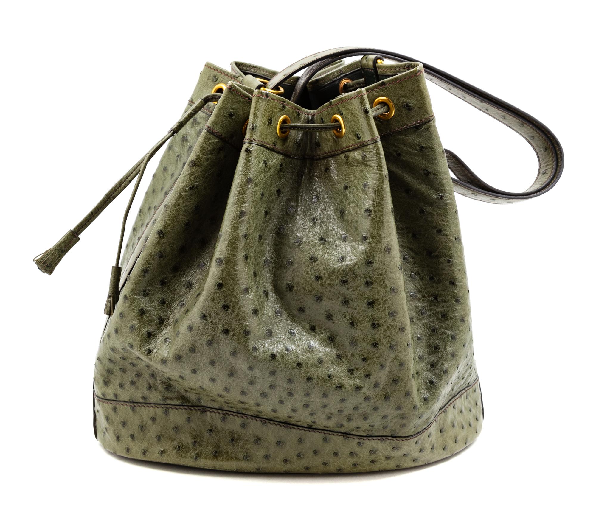An Hermès Green Ostrich Vintage Bucket Bag, 11" H x 10.5" W x 4.5" D; Strap drop: 8.5".