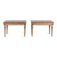 A Pair of Italian Neoclassical Painted and Parcel Gilt Marble-Top Console Tables