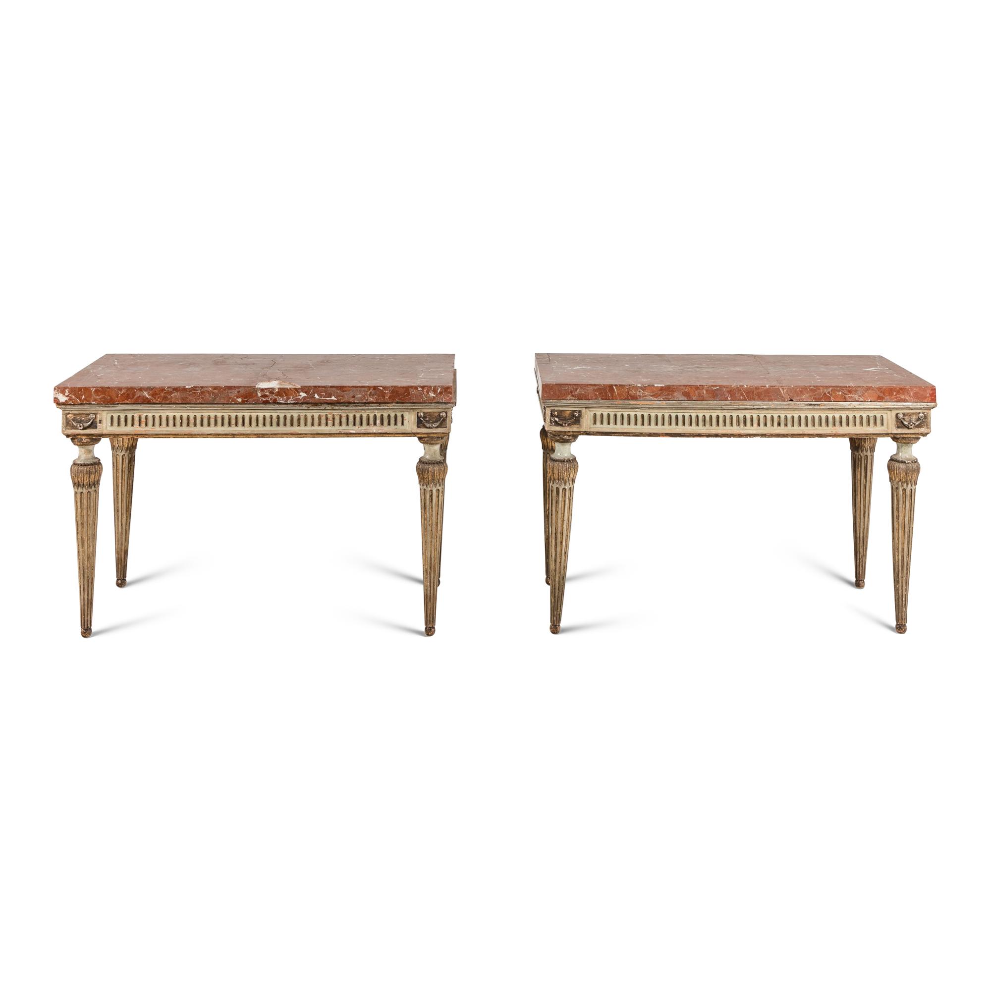 A Pair of Italian Neoclassical Painted and Parcel Gilt Marble-Top Console Tables