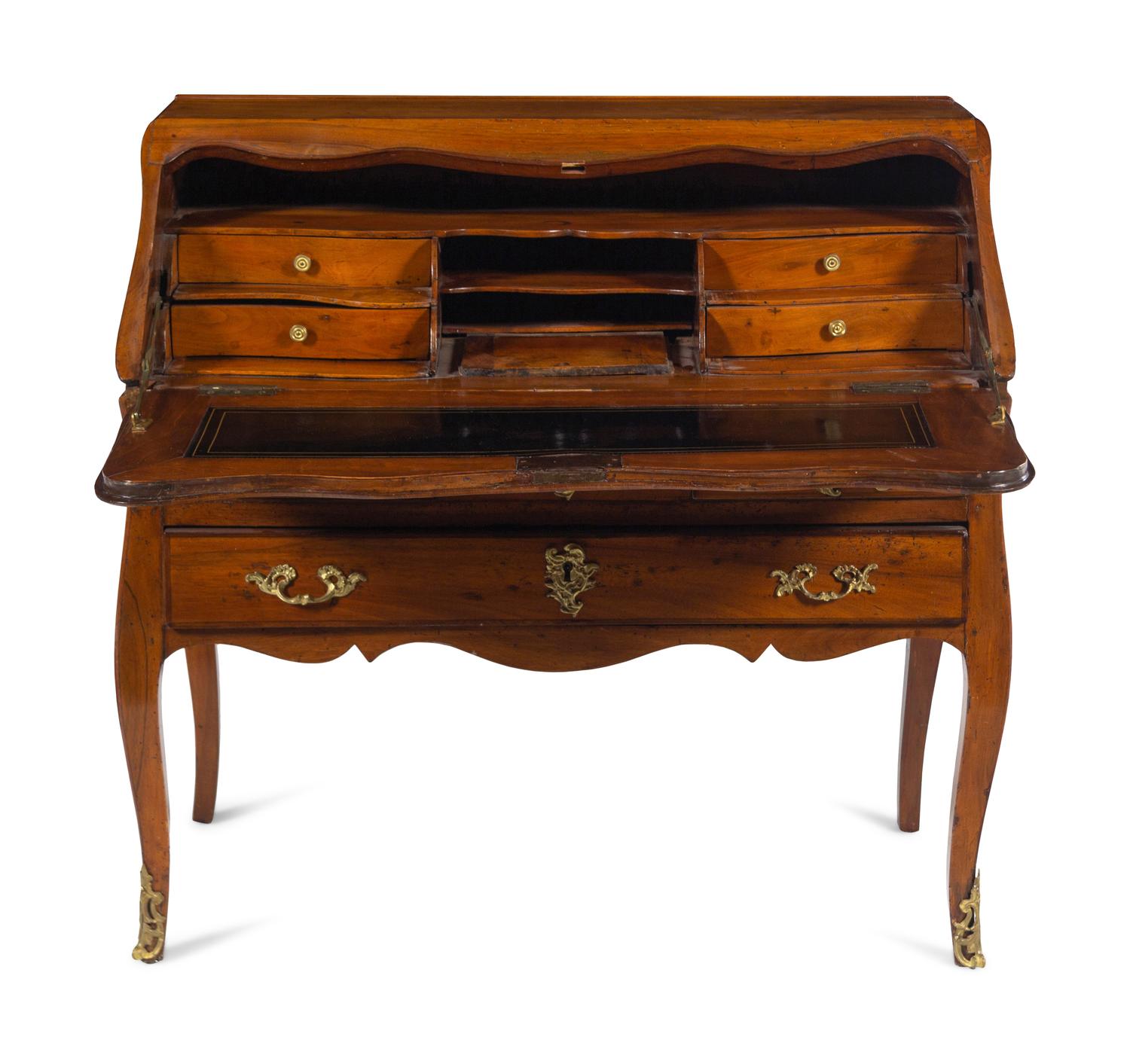 A Louis XV Gilt Bronze Mounted Walnut, Mahogany and Marquetry Bureau en Pente