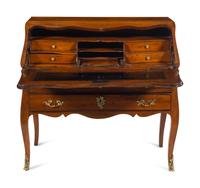 A Louis XV Gilt Bronze Mounted Walnut, Mahogany and Marquetry Bureau en Pente
