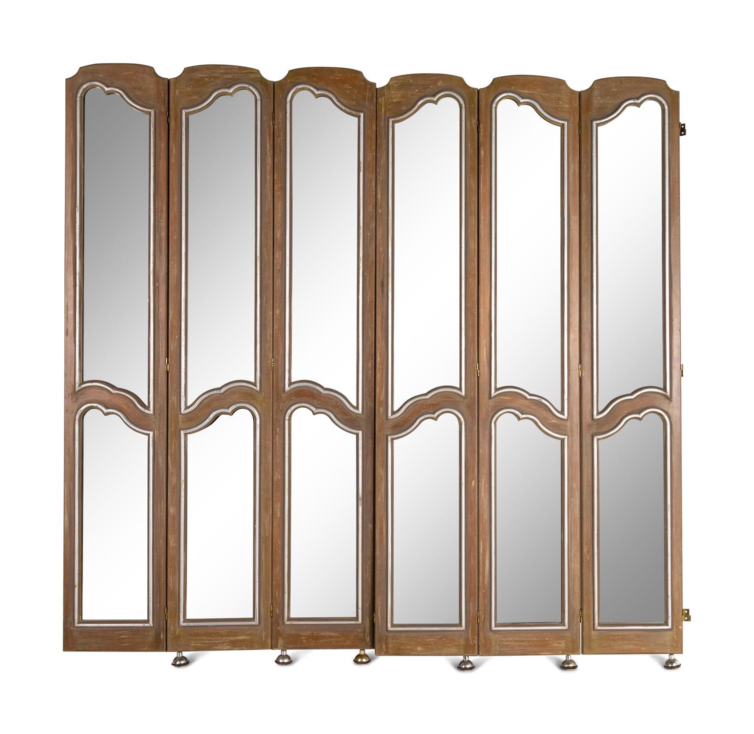 A White-Washed and Silvered Mirror-Inset Six-Panel Floor Screen