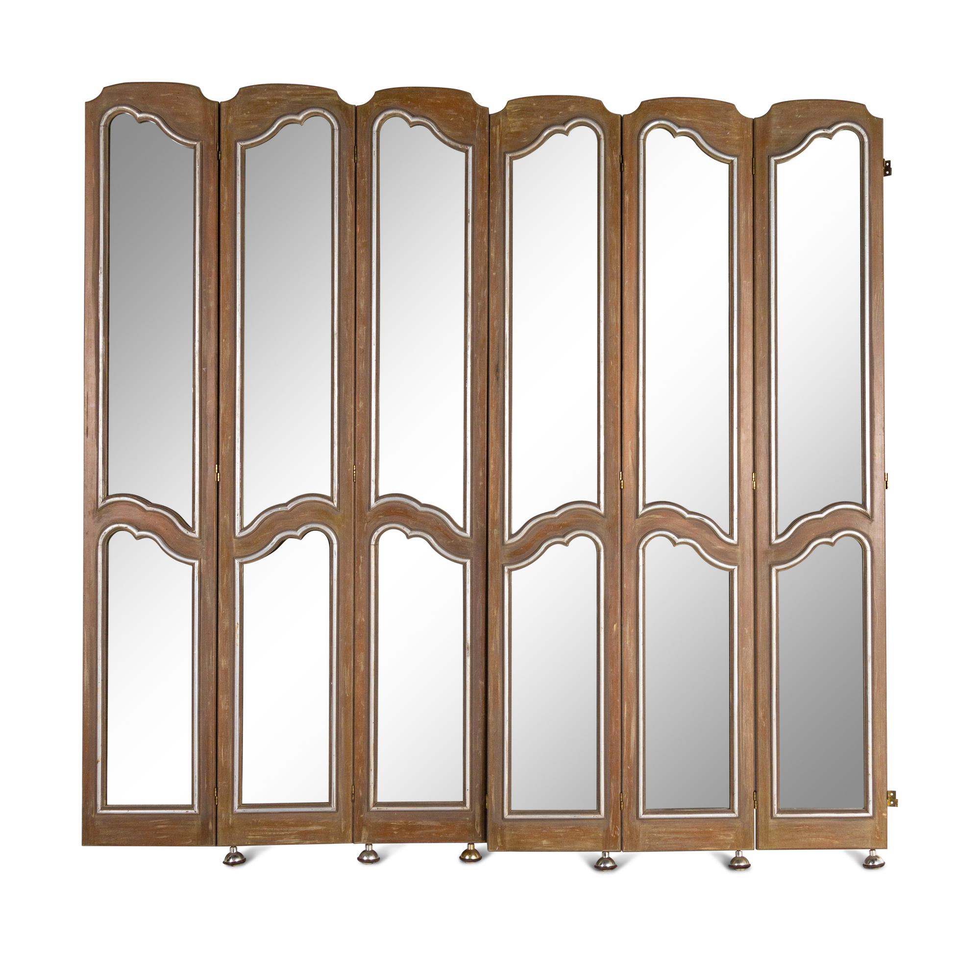 A White-Washed and Silvered Mirror-Inset Six-Panel Floor Screen