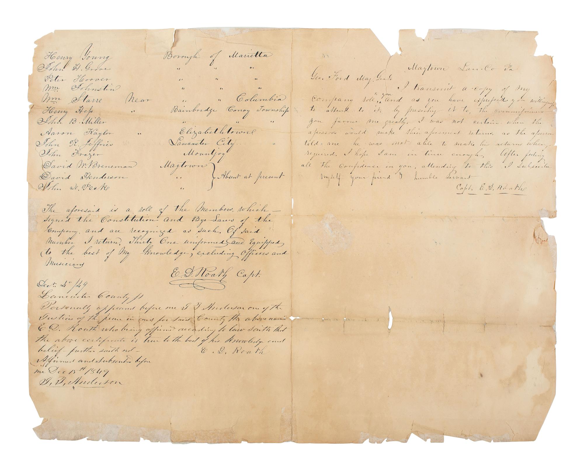 [MILITARIA]. Militia roll signed by Captain Emanuel D. Roath, later a commander at Gettysburg.