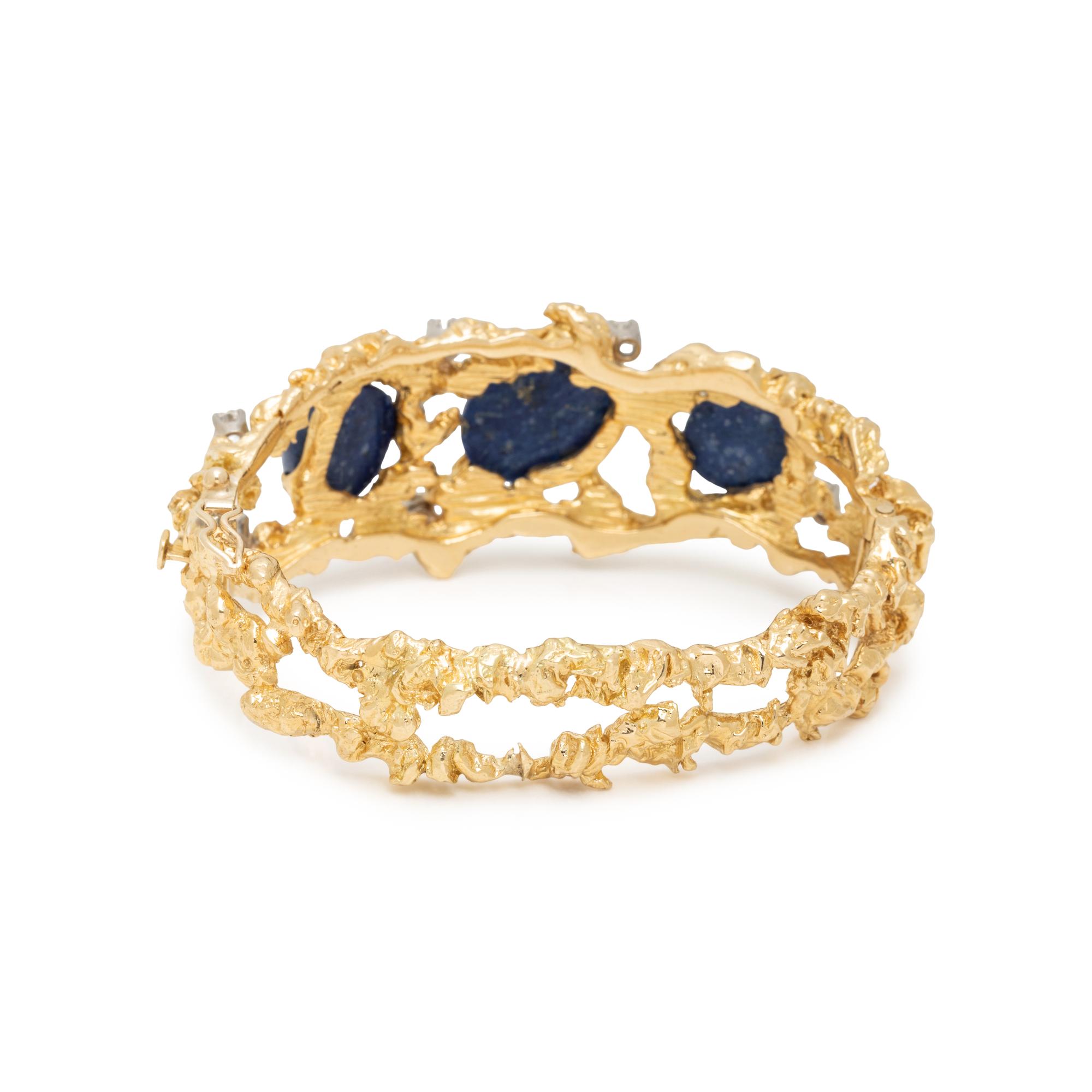 YELLOW GOLD, DIAMOND AND LAPIS LAZULI HINGED BANGLE BRACELET