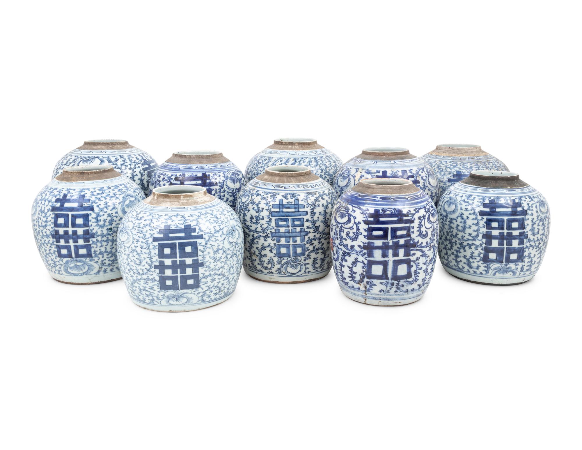 10 Chinese Blue and White Porcelain 'Double Happiness' Jars