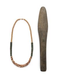 Pre-Columbian hard stone mallet together with a Pre-Columbian hard Stone, bone and bead necklace