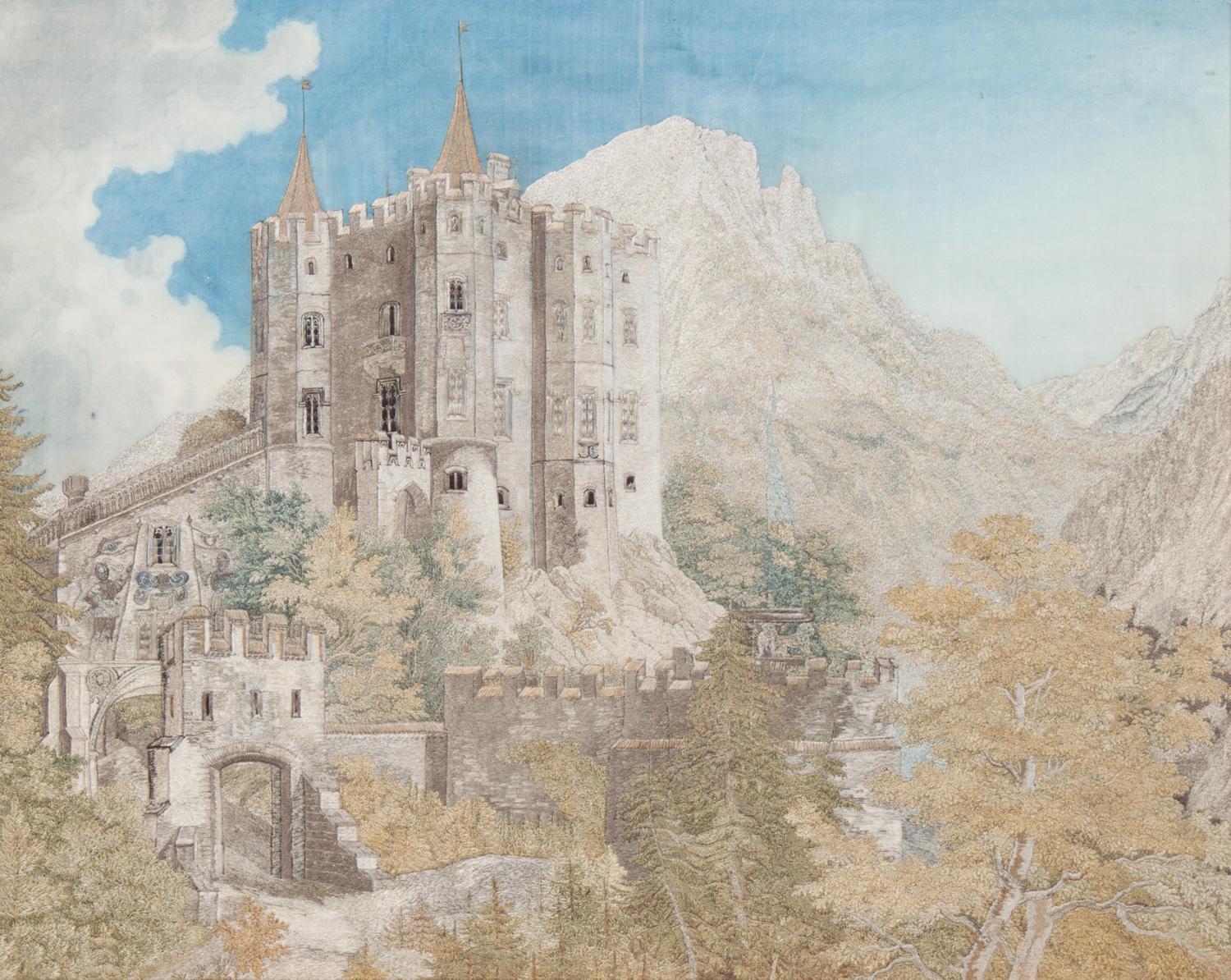 An English Needlework Picture of a Castle 11 1/4 x 14 1/4 inches.