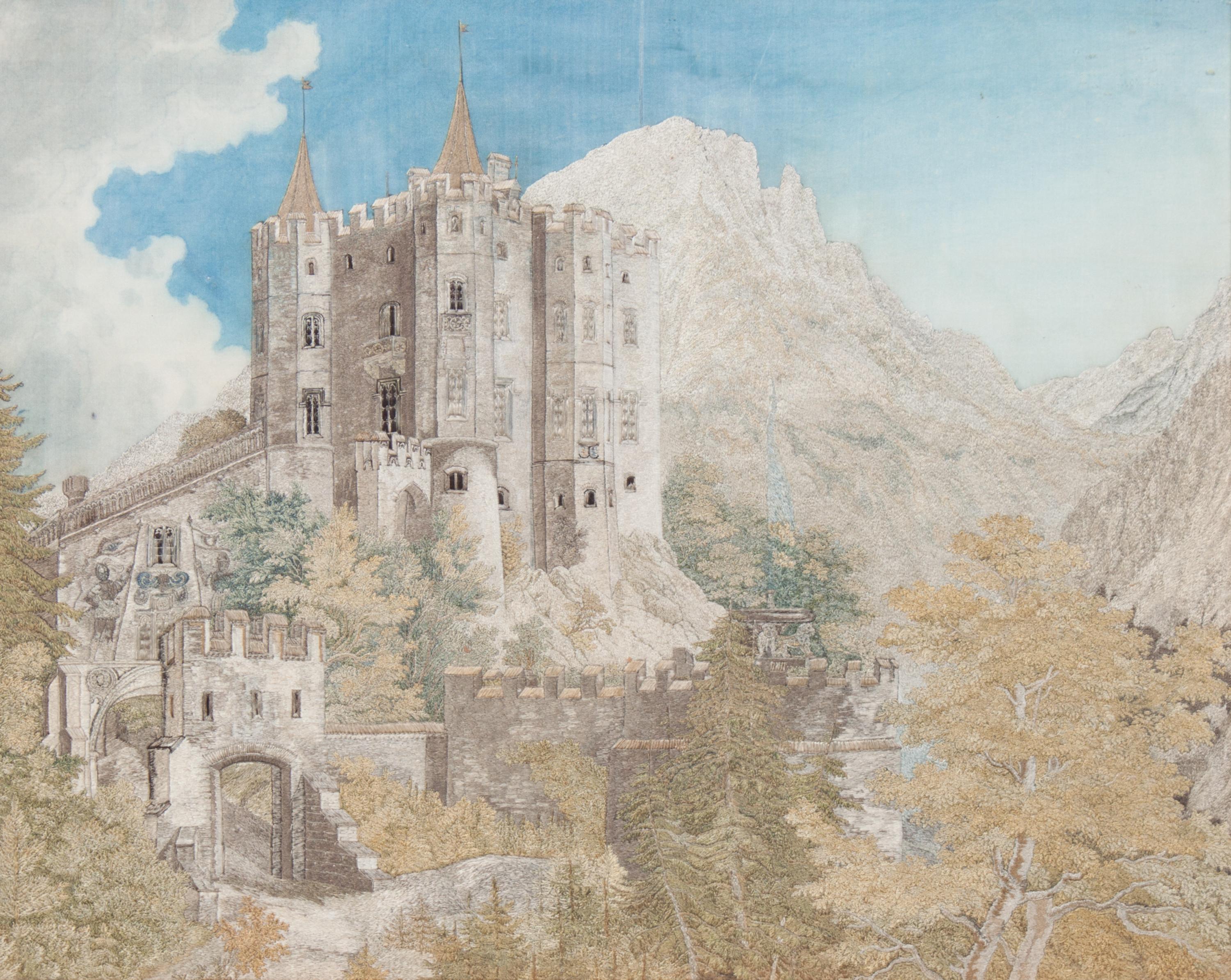 An English Needlework Picture of a Castle 11 1/4 x 14 1/4 inches.