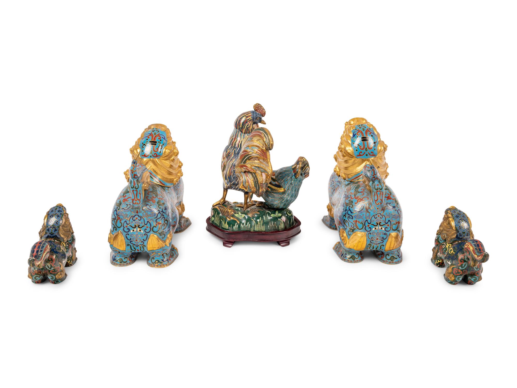 Five Chinese Turquoise Ground Cloisonné Enamel Figures of Animals