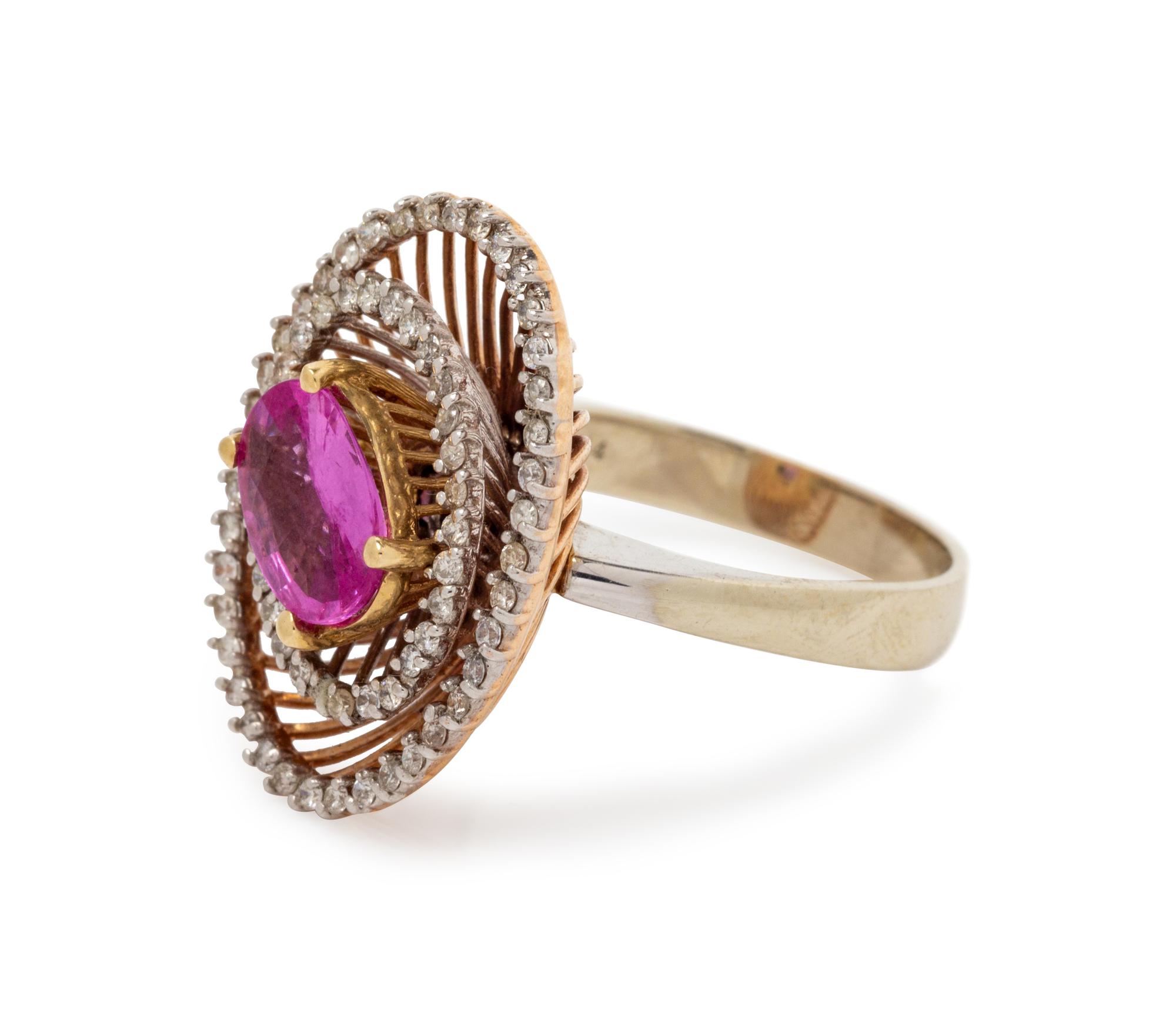 A 14 Karat Bicolor Gold, Pink Sapphire and Diamond Ring,
