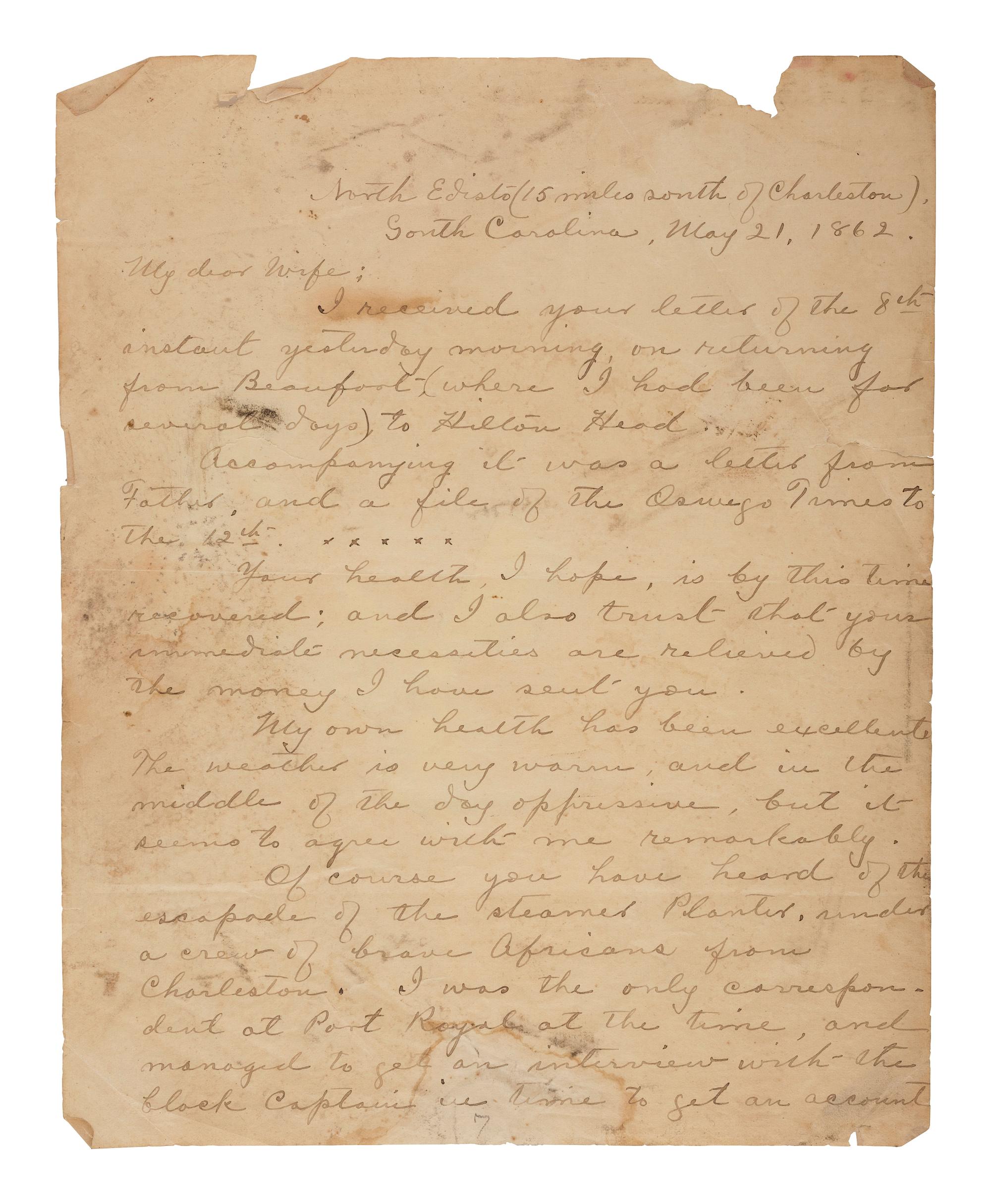 [CIVIL WAR] -- [AFRICAN AMERICANA]. Sixth plate tintype of Galen H. Osborne, Special Service, New York Herald , with partial letter referencing African American Robert Smalls' commandeering of the CSS Planter . May 1862.
