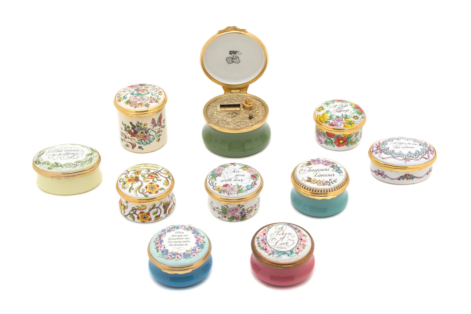 A Collection of Ten Enameled Pill Boxes Diameter of largest 2 1/4 inches. — 20TH CENTURY