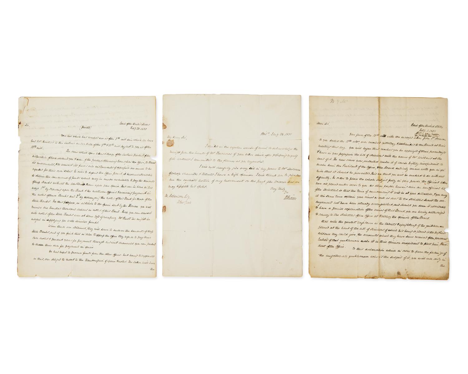 [Americana] Biddle, Nicholas. Group of 3 Autograph Letters, signed