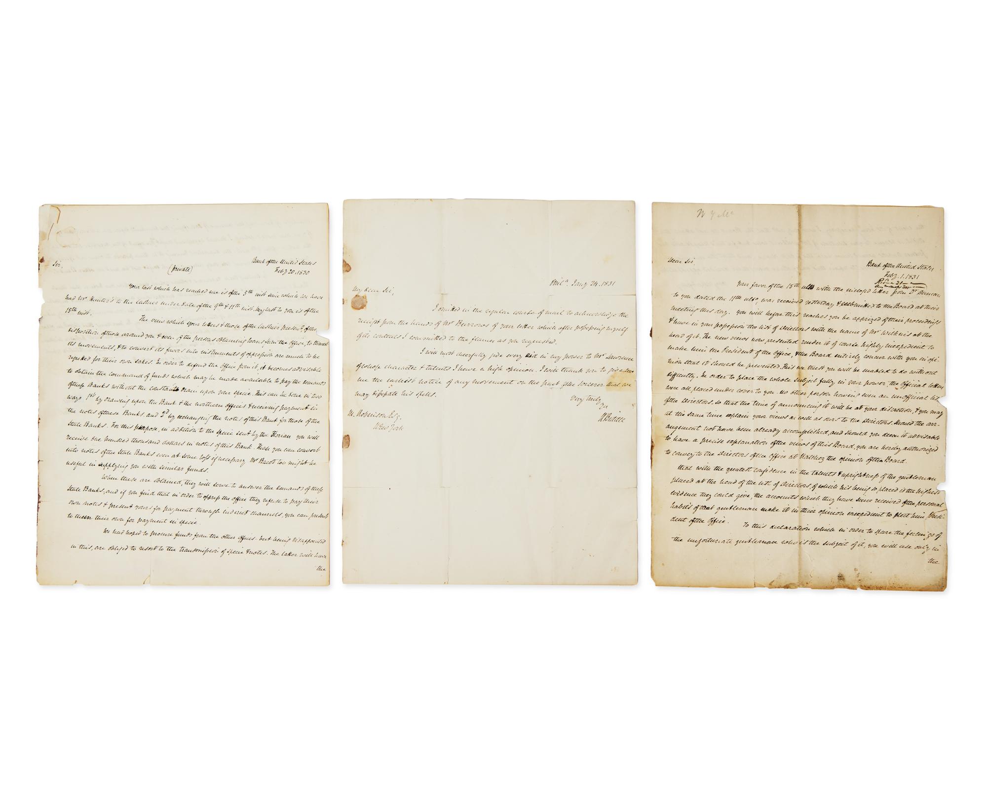 [Americana] Biddle, Nicholas. Group of 3 Autograph Letters, signed